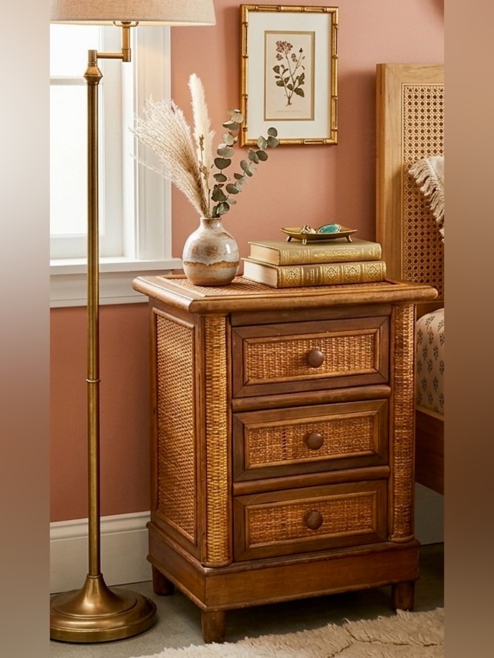 ✨ Vintage Boho Rattan 3-Drawer Nightstand ✨